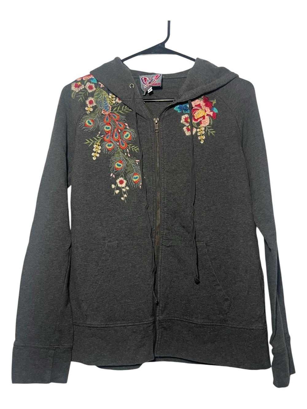 Johnny Was Dark Gray Zip-Up Hoodie with Embroidered Peacock & Floral Accents